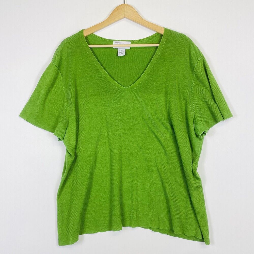 J.G Hook Moss Green Short Sleeve Tight Knit V-Neck Rayon Blend Sweater Womens 2X